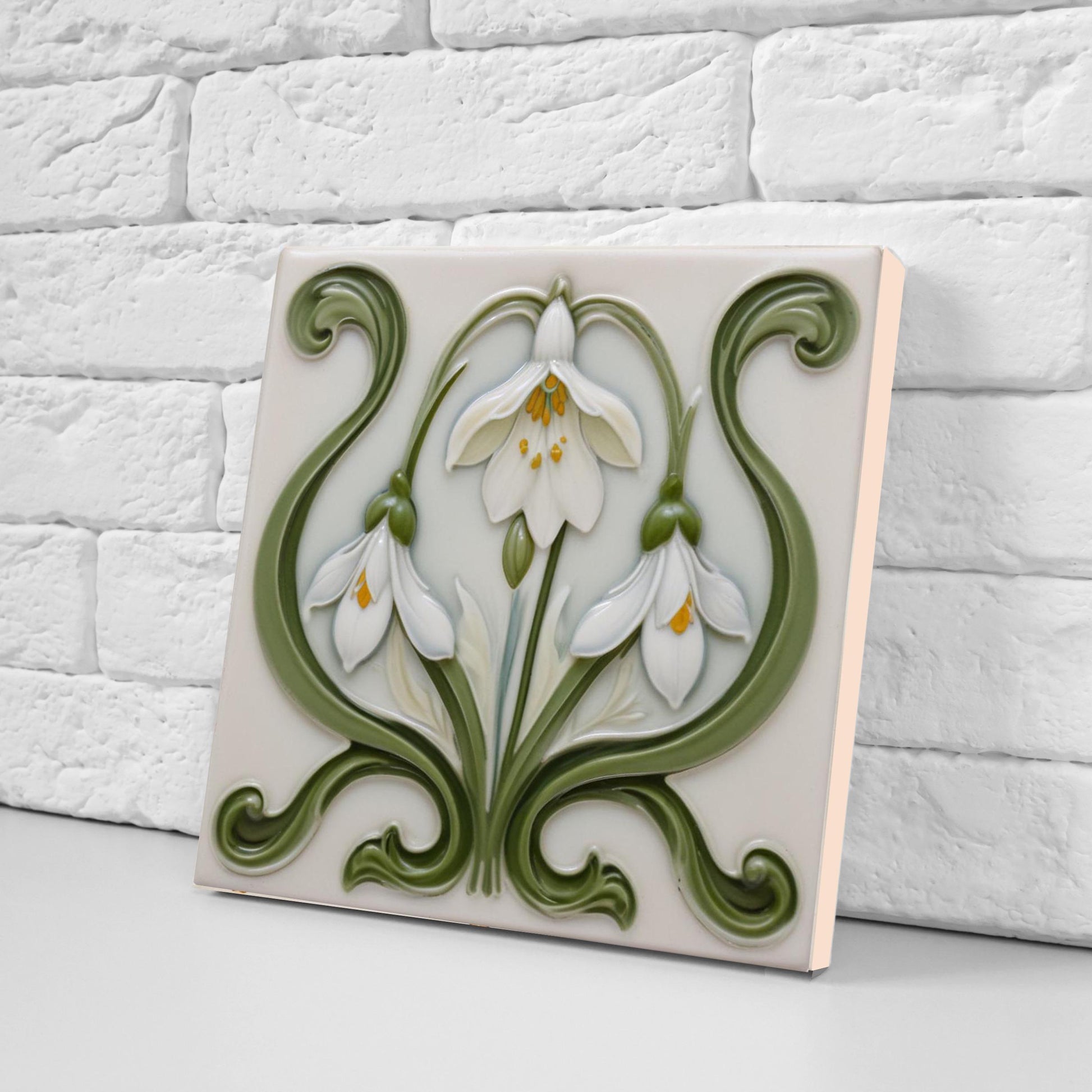 Snowdrop Tile Botanical Print Flower Ceramic Tiles -Set of 2 White Art Nouveau Wall Decor-Kitchen Backsplash Tiles,Bathroom,Shower Wall,Sink