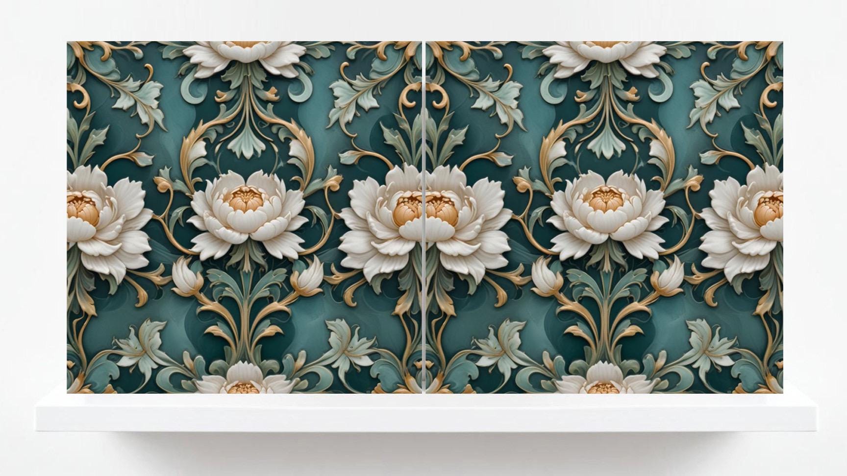 Peony Print Tile Green Art Nouveau Tiles Flower Botanical Ceramic Tiles - Set of 2 Peonies Wall Art Decor -Kitchen Backsplash, Bathroom,Sink