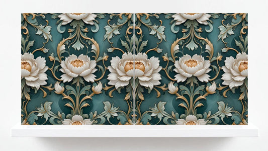 Peony Print Tile Green Art Nouveau Tiles Flower Botanical Ceramic Tiles - Set of 2 Peonies Wall Art Decor -Kitchen Backsplash, Bathroom,Sink