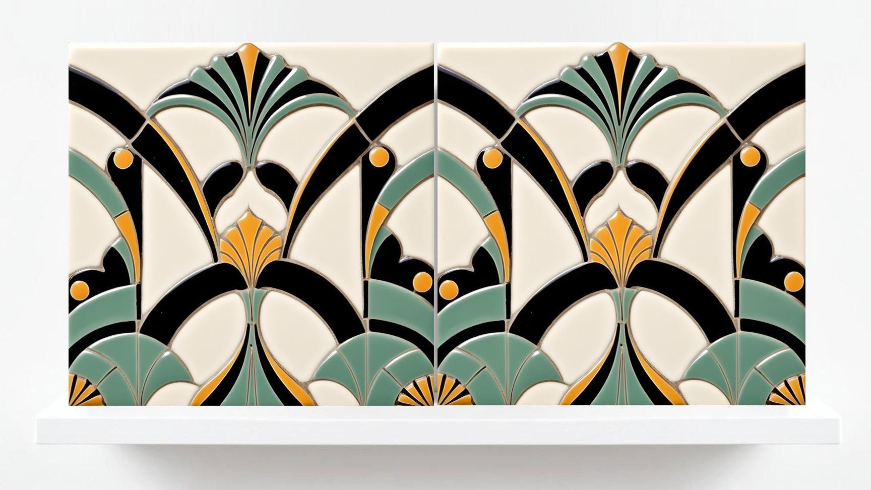 Art Deco Ceramic tiles - Set of 2 Art Deco Wall Decor Geometric Tiles - Kitchen Backsplash, Bathroom, Shower Wall,Sink Splashback, Fireplace
