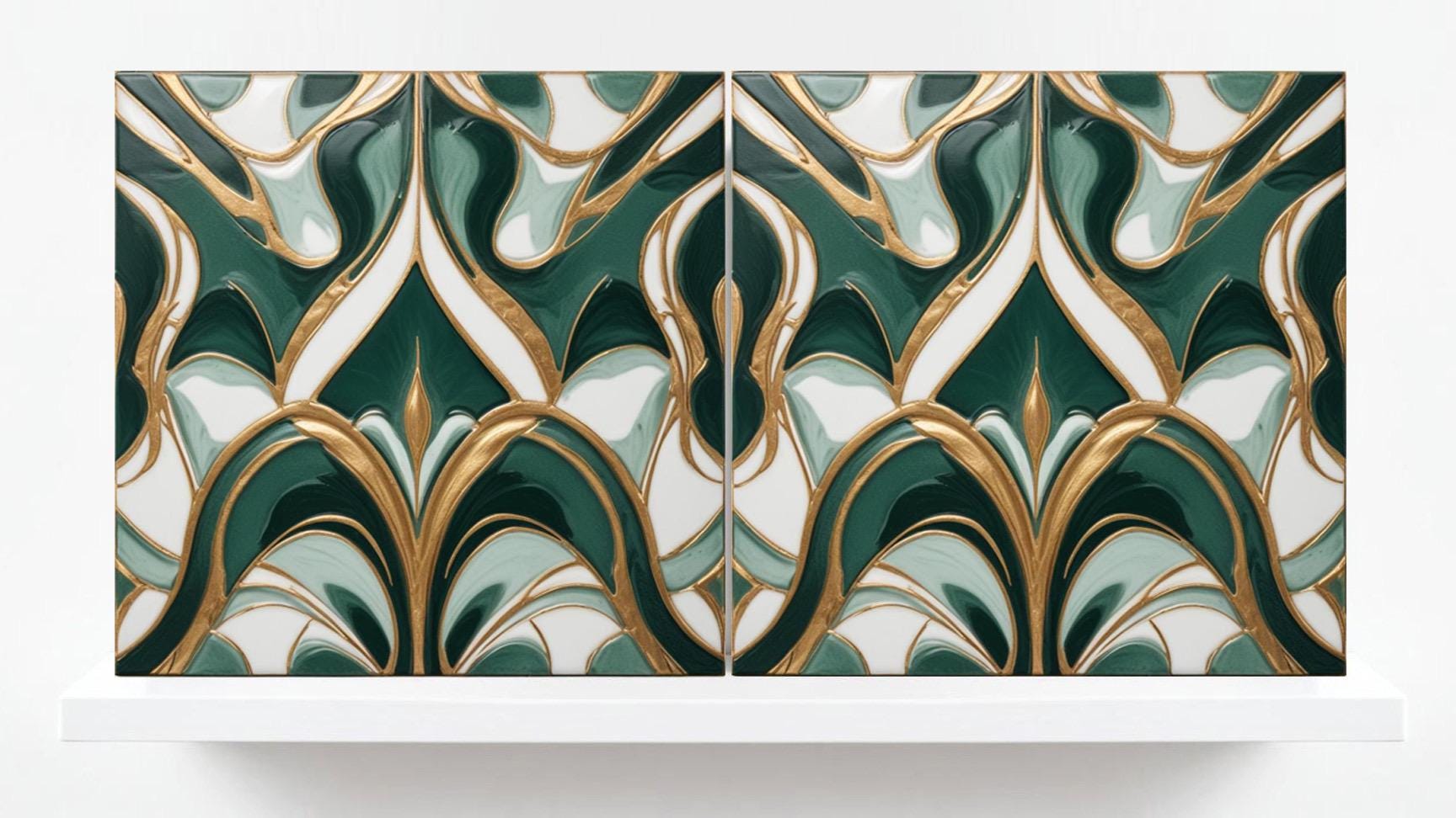 Art Deco Ceramic Tiles Green- Set of 2 Art Deco Wall Decor Geometric Tiles - Kitchen Backsplash Tiles,Table Decorative Tiles, Bathroom Tiles