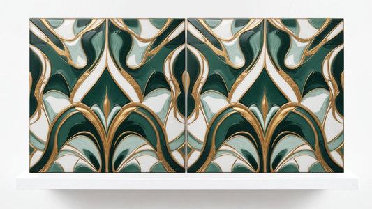 Art Deco Ceramic Tiles Green- Set of 2 Art Deco Wall Decor Geometric Tiles - Kitchen Backsplash Tiles,Table Decorative Tiles, Bathroom Tiles