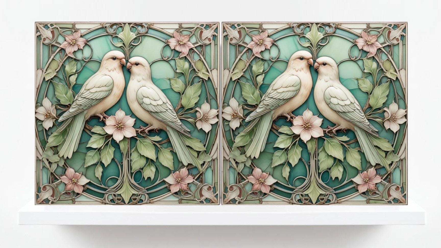 Art Nouveau Green Bird and Flower Ceramic tiles -Set of 2 Botanical Tiles Birds Wall Decor ,Birds Tiles -Kitchen Backsplash Tiles,Bathroom
