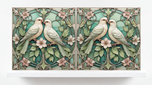 Art Nouveau Green Bird and Flower Ceramic tiles -Set of 2 Botanical Tiles Birds Wall Decor ,Birds Tiles -Kitchen Backsplash Tiles,Bathroom