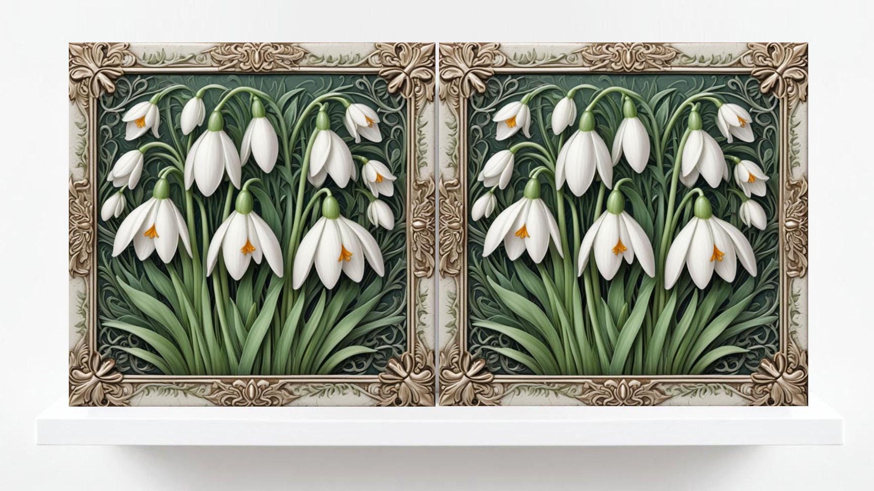 Snowdrop Tile Botanical Print Flower Ceramic Tiles -Set of 2 Green Art Nouveau Wall Decor-Kitchen Backsplash Tiles,Bathroom,Shower Wall,Sink