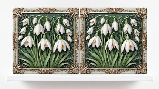Snowdrop Tile Botanical Print Flower Ceramic Tiles -Set of 2 Green Art Nouveau Wall Decor-Kitchen Backsplash Tiles,Bathroom,Shower Wall,Sink