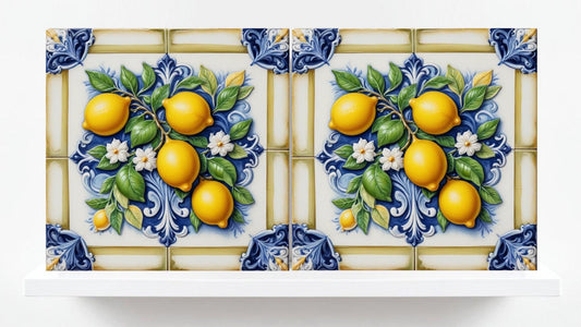 Italian Majolica Lemon Tiles - Set of 2 Mediterranean Wall Decor Tiles -Kitchen Backsplash,Bathroom,Shower Wall,Fireplace,Sink Splashback