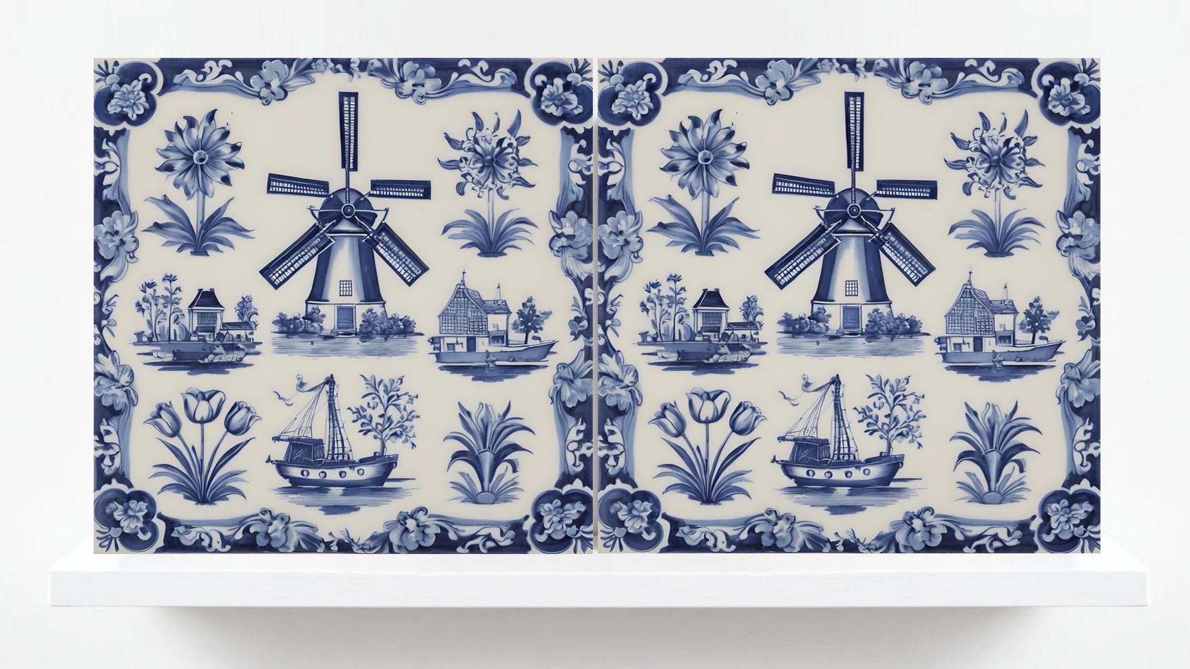 Delft Blue Tile - Set of 2 Delftware Tiles- Dutch Tiles - Delft Blue Ceramic Windmills - Delft Prints- Kitchen Backsplash, Sink,Bathroom