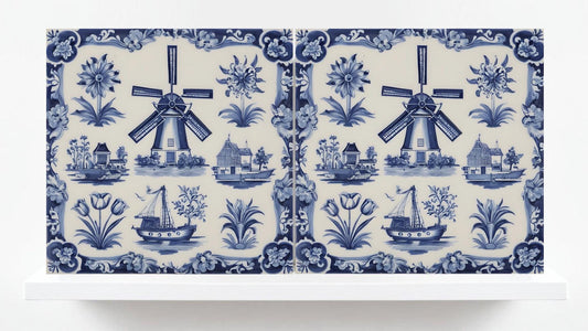 Delft Blue Tile - Set of 2 Delftware Tiles- Dutch Tiles - Delft Blue Ceramic Windmills - Delft Prints- Kitchen Backsplash, Sink,Bathroom