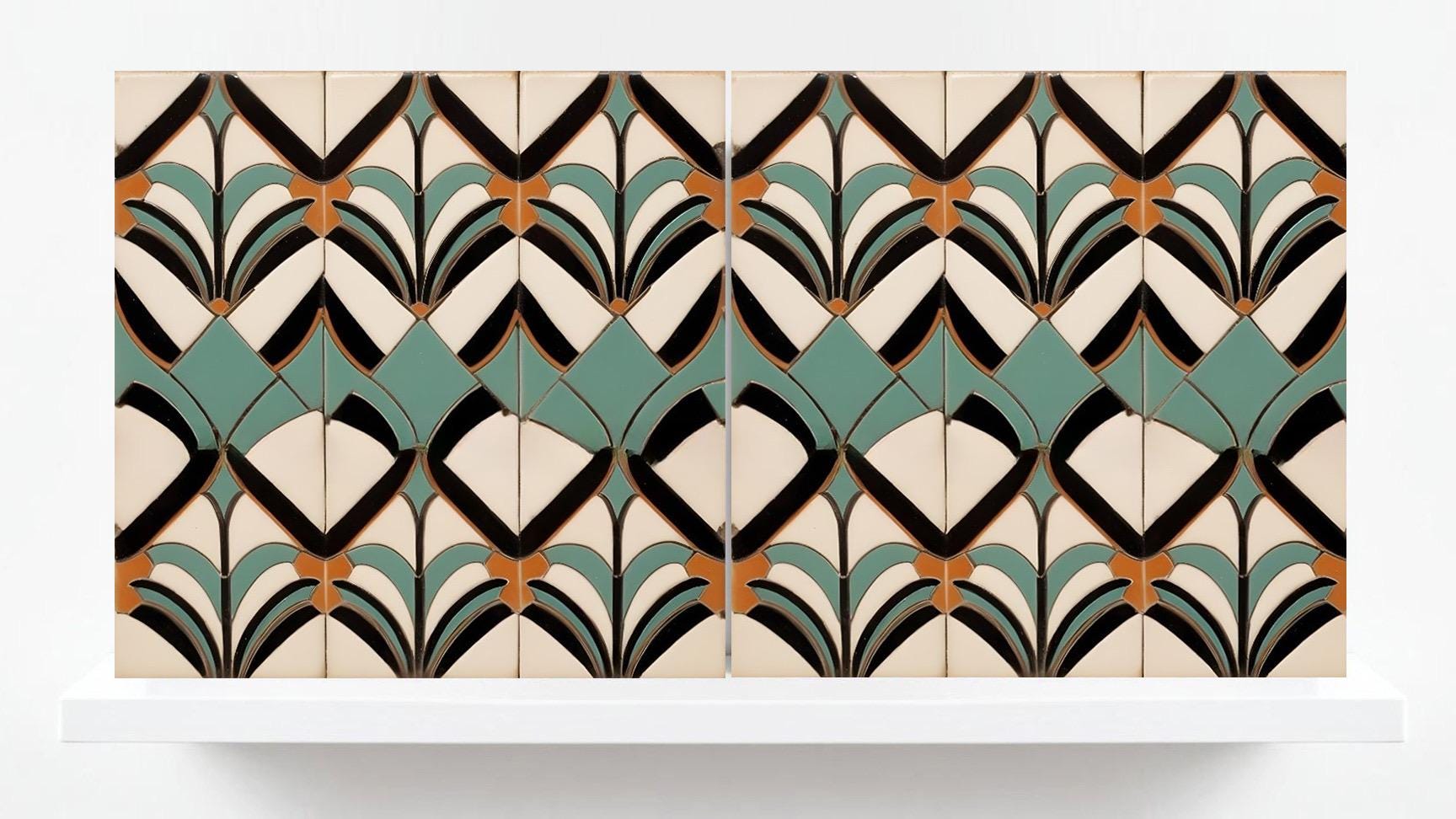 Art Deco Ceramic tiles - Set of 2 Art Deco Wall Decor Geometric Tiles - Kitchen Backsplash, Bathroom, Shower Wall,Sink Splashback, Fireplace