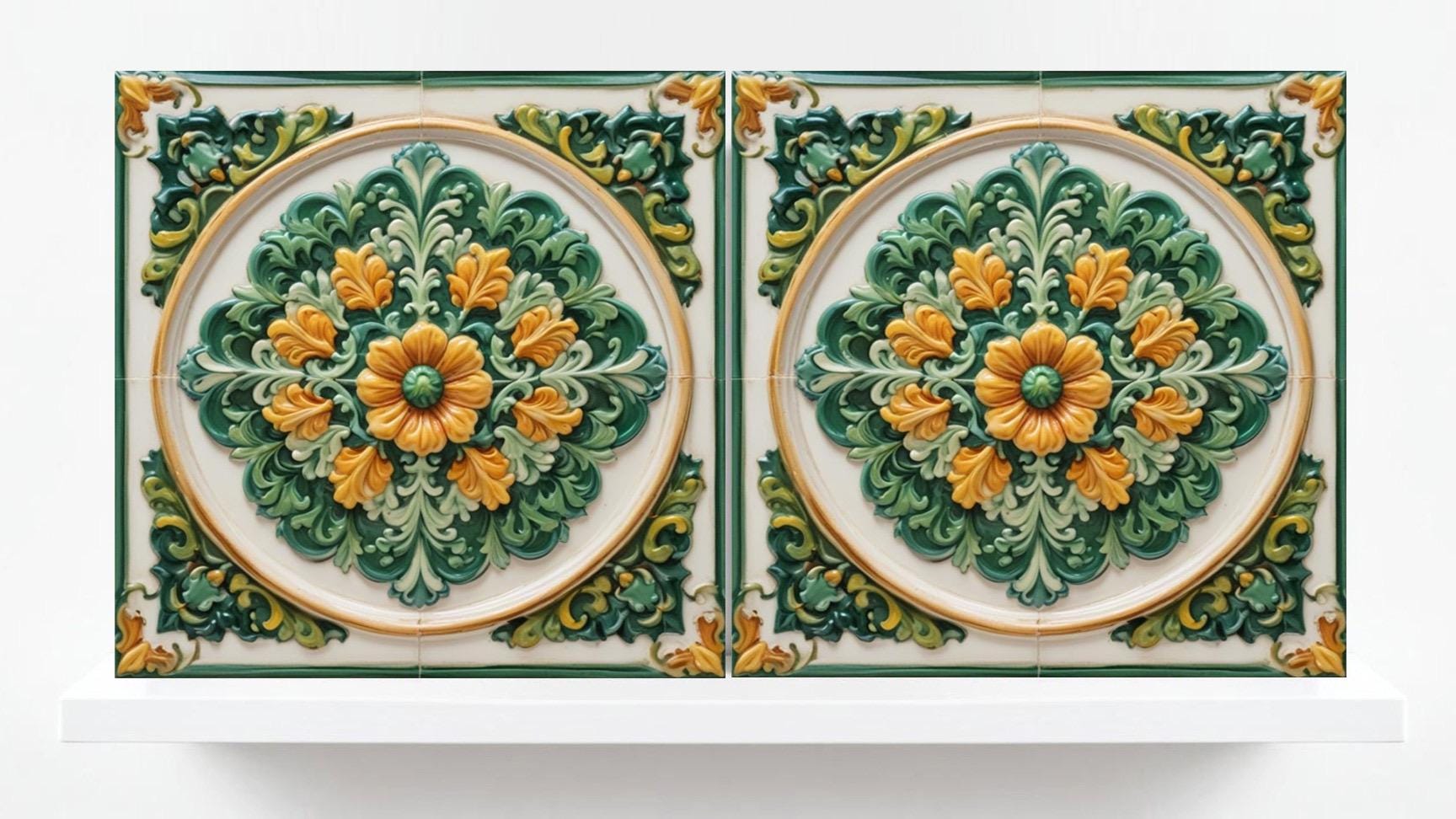 Italian Majolica Tiles Flower -Set of 2 Sicilian Wall Decor Tiles-Kitchen Backsplash ,Sink Splashback,Bathroom,Shower Wall Art,Fireplace