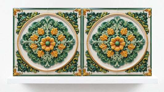 Italian Majolica Tiles Flower -Set of 2 Sicilian Wall Decor Tiles-Kitchen Backsplash ,Sink Splashback,Bathroom,Shower Wall Art,Fireplace