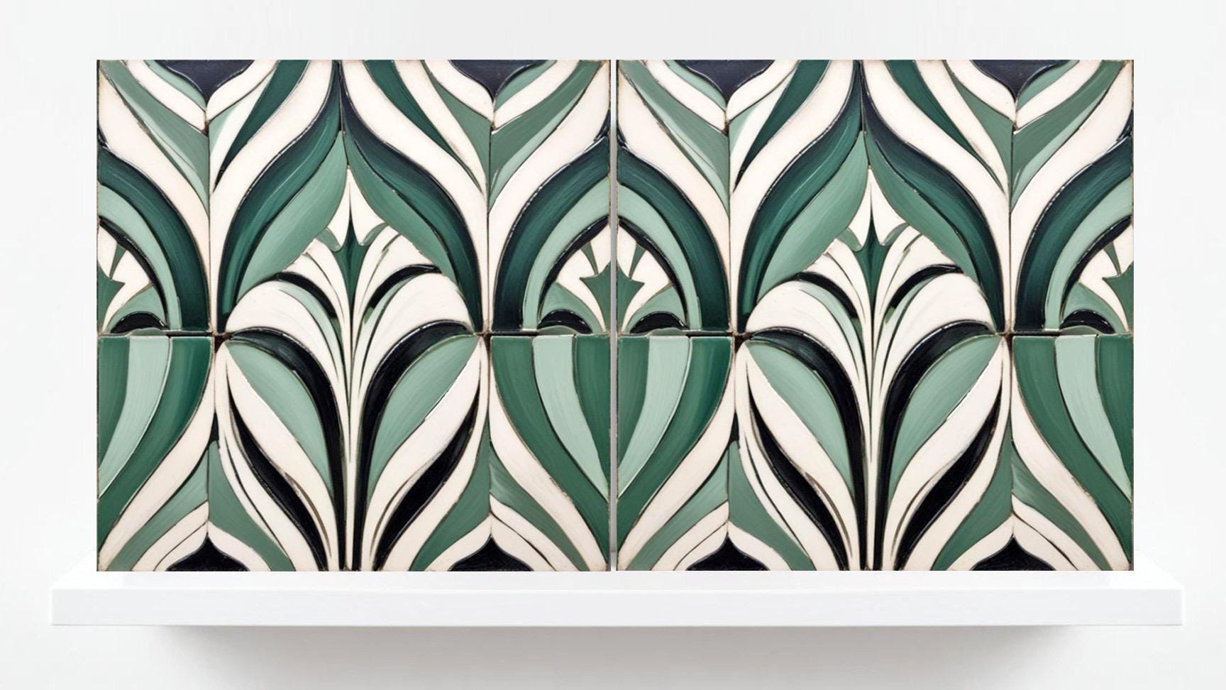 Art Deco Ceramic Tiles Green-Set of 2 Art Deco Wall Decor Geometric Tiles -Kitchen Backsplash,Shower,Bathroom Wall,Sink Splashback,Fireplace