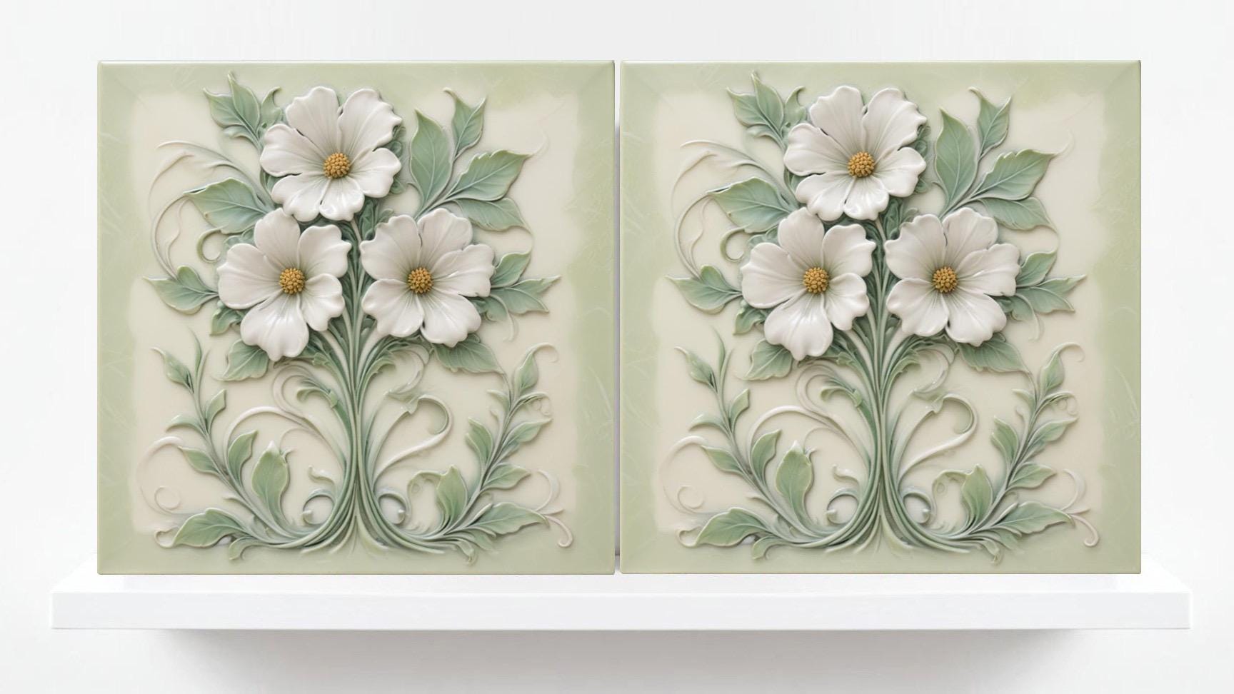 Art Nouveau Flower Ceramic Pastel Tiles - Set of 2 Botanical Wall Decor Tile - Kitchen Backsplash,Bathroom, Sink Splashback,Fireplace,Shower