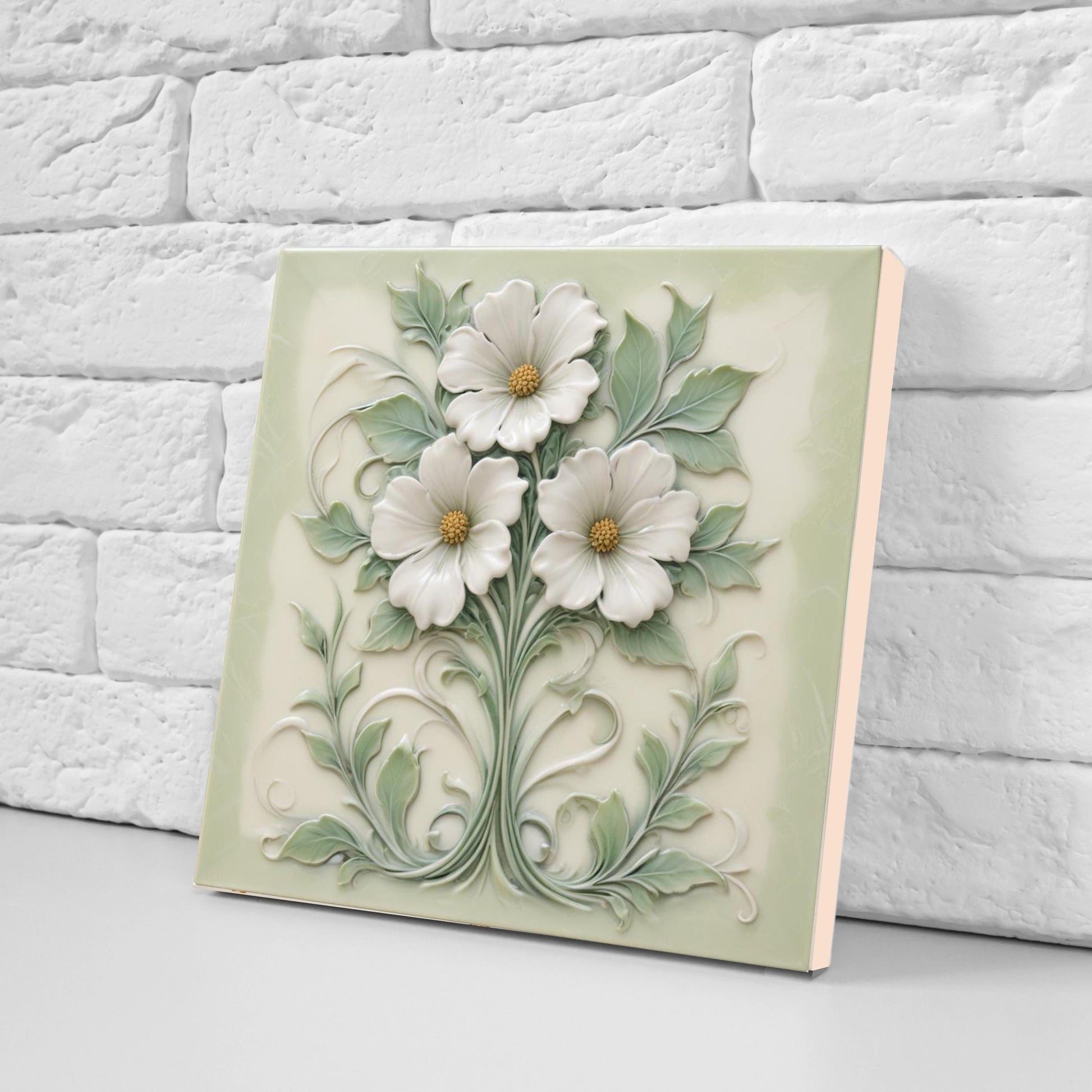 Art Nouveau Flower Ceramic Pastel Tiles - Set of 2 Botanical Wall Decor Tile - Kitchen Backsplash,Bathroom, Sink Splashback,Fireplace,Shower