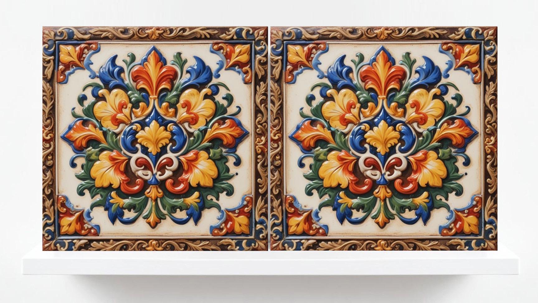 Italian Majolica Floral Tiles - Set of 2 Sicilian Wall Decor Tiles - Botanical Print - Kitchen Backsplash, Bathroom, Sink Splashback,Coaster