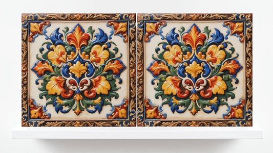 Italian Majolica Floral Tiles - Set of 2 Sicilian Wall Decor Tiles - Botanical Print - Kitchen Backsplash, Bathroom, Sink Splashback,Coaster