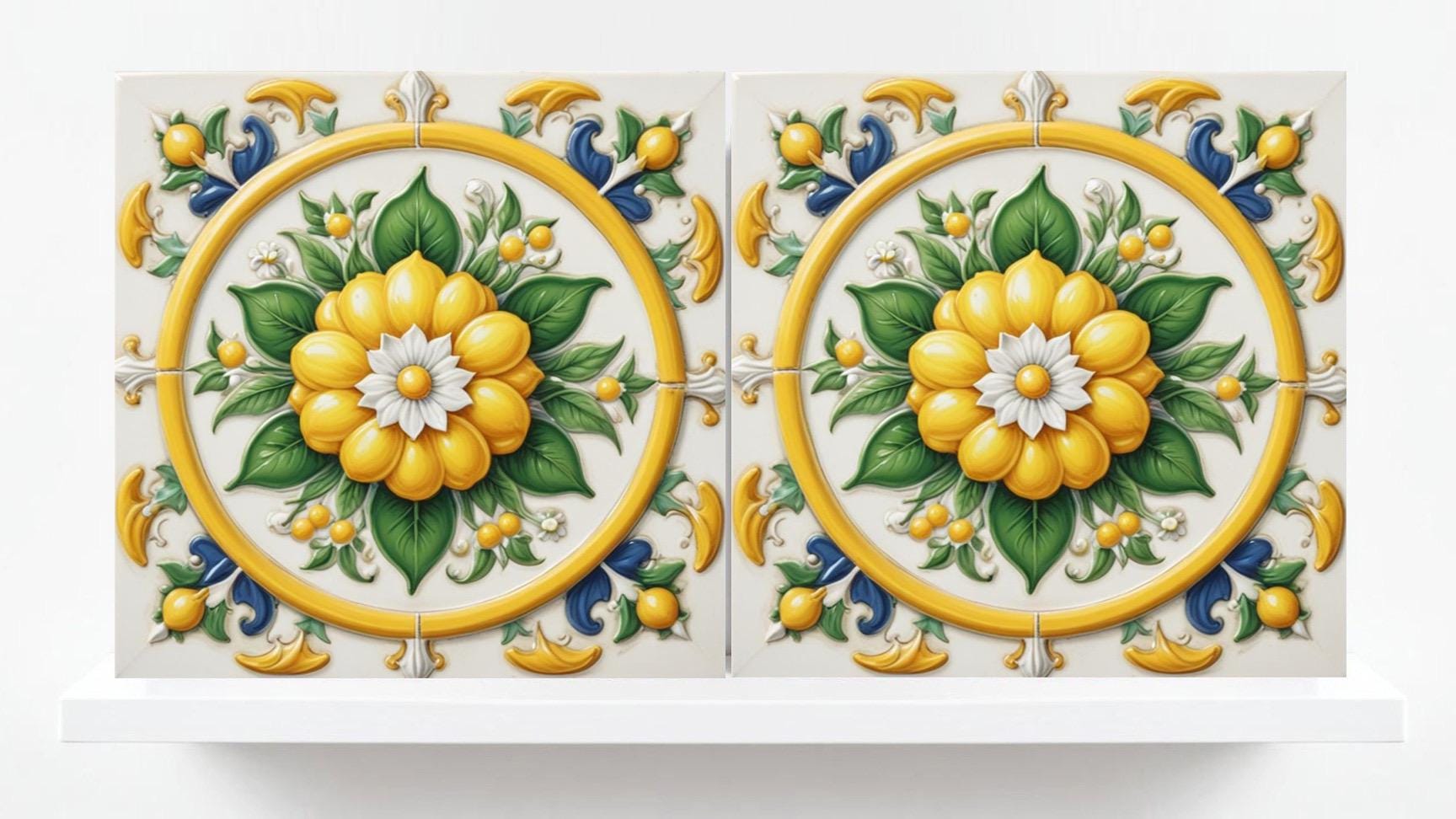 Italian Majolica Lemon Tiles - Set of 2 Mediterranean Wall Decor Tiles -Kitchen Backsplash,Bathroom, Shower Wall,Sink Splashback, Fireplace