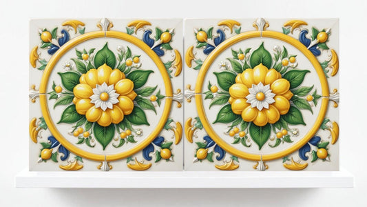 Italian Majolica Lemon Tiles - Set of 2 Mediterranean Wall Decor Tiles -Kitchen Backsplash,Bathroom, Shower Wall,Sink Splashback, Fireplace
