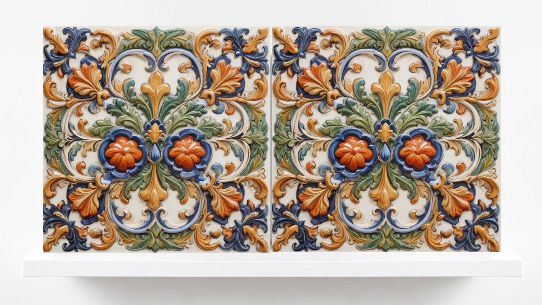 Italian Majolica Tiles - Set of 2 Sicilian Wall Decor Tile - Kitchen Backsplash, Sink Splashback,Bathroom,Shower Wall Art,Fireplace,Coaster