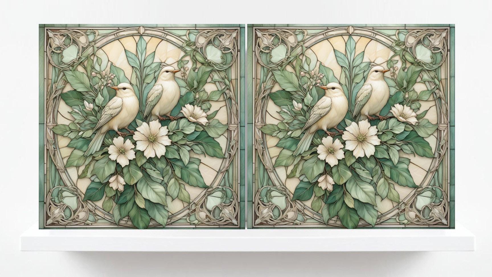 Art Nouveau Green Bird and Flower Ceramic tiles -Set of 2 Botanical Tiles Birds Wall Decor ,Birds Tiles -Kitchen Backsplash Tiles,Bathroom