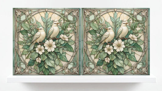 Art Nouveau Green Bird and Flower Ceramic tiles -Set of 2 Botanical Tiles Birds Wall Decor ,Birds Tiles -Kitchen Backsplash Tiles,Bathroom