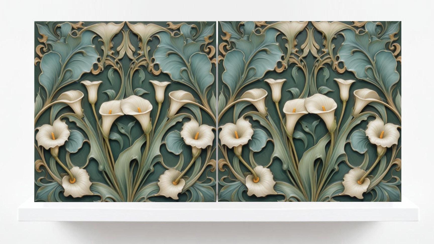Calla Lily Tile Green Art Nouveau Tiles - Set of 2 - Flower Botanical Art Print Ceramic Tiles -Kitchen Backsplash, Bathroom,Sink Splashback