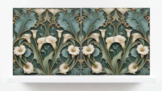 Calla Lily Tile Green Art Nouveau Tiles - Set of 2 - Flower Botanical Art Print Ceramic Tiles -Kitchen Backsplash, Bathroom,Sink Splashback