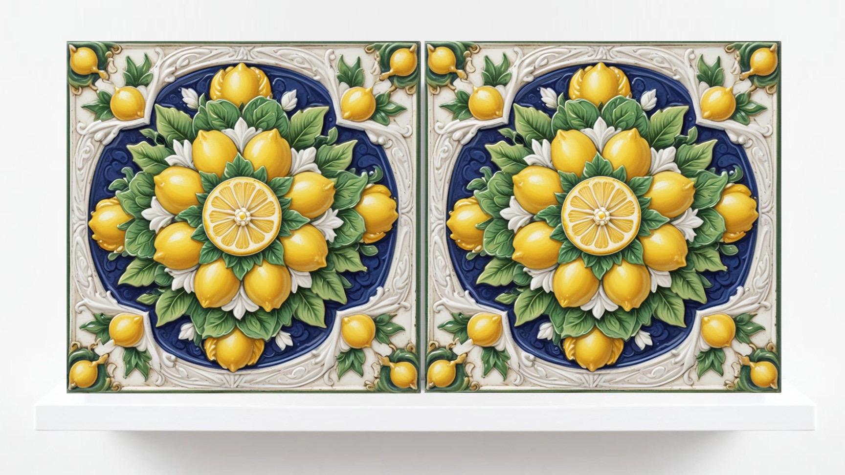 Italian Majolica Lemon Tiles - Set of 2 Mediterranean Wall Decor Tiles -Kitchen Backsplash,Bathroom, Shower Wall,Sink Splashback, Fireplace
