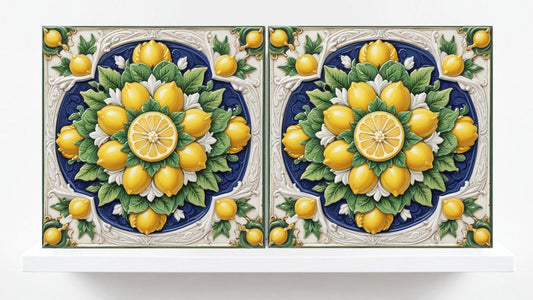 Italian Majolica Lemon Tiles - Set of 2 Mediterranean Wall Decor Tiles -Kitchen Backsplash,Bathroom, Shower Wall,Sink Splashback, Fireplace