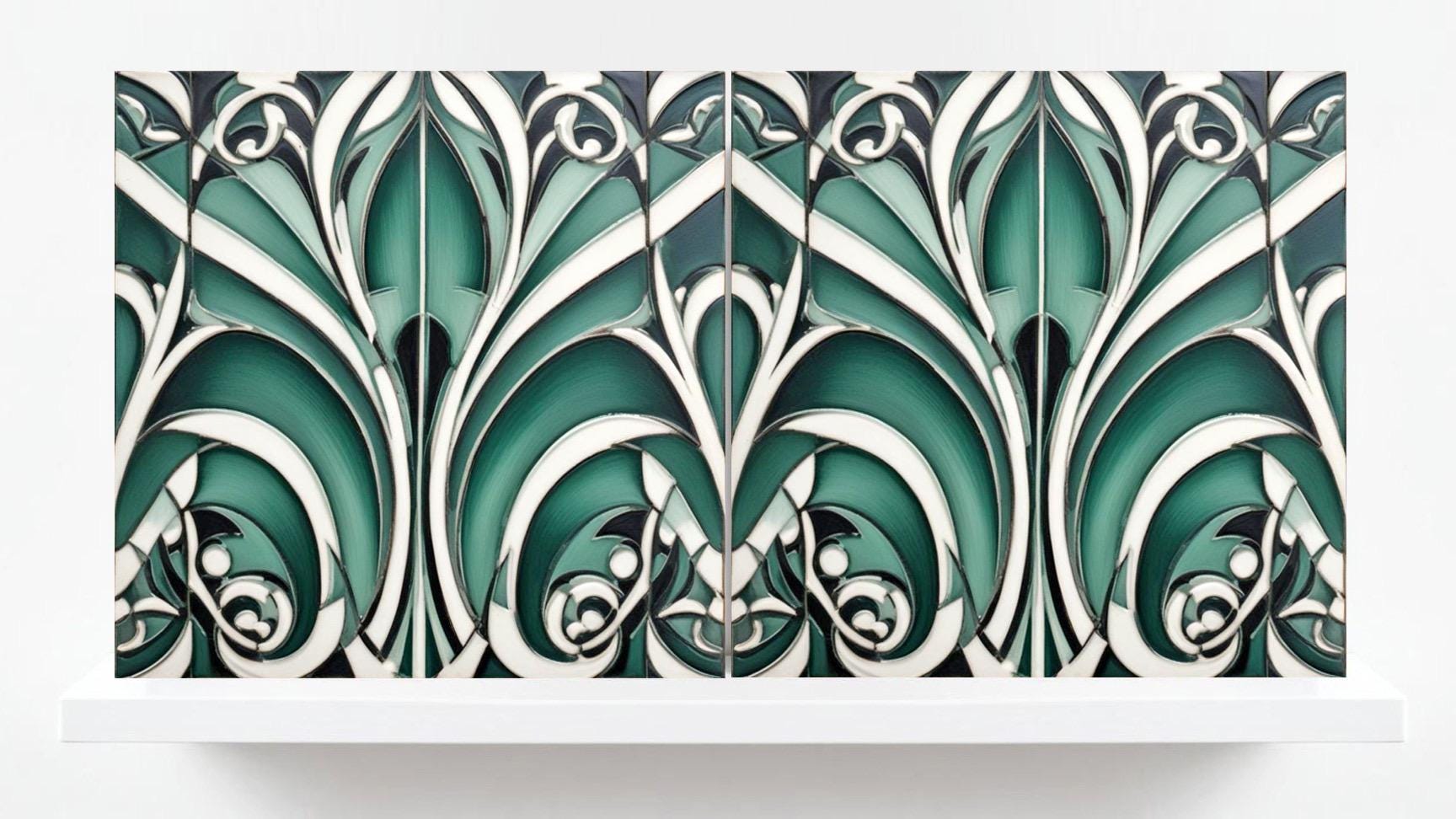 Art Deco Ceramic Tiles Green- Set of 2 Art Deco Wall Decor Geometric Tiles - Kitchen Backsplash Tiles,Table Decorative Tiles, Bathroom Tiles