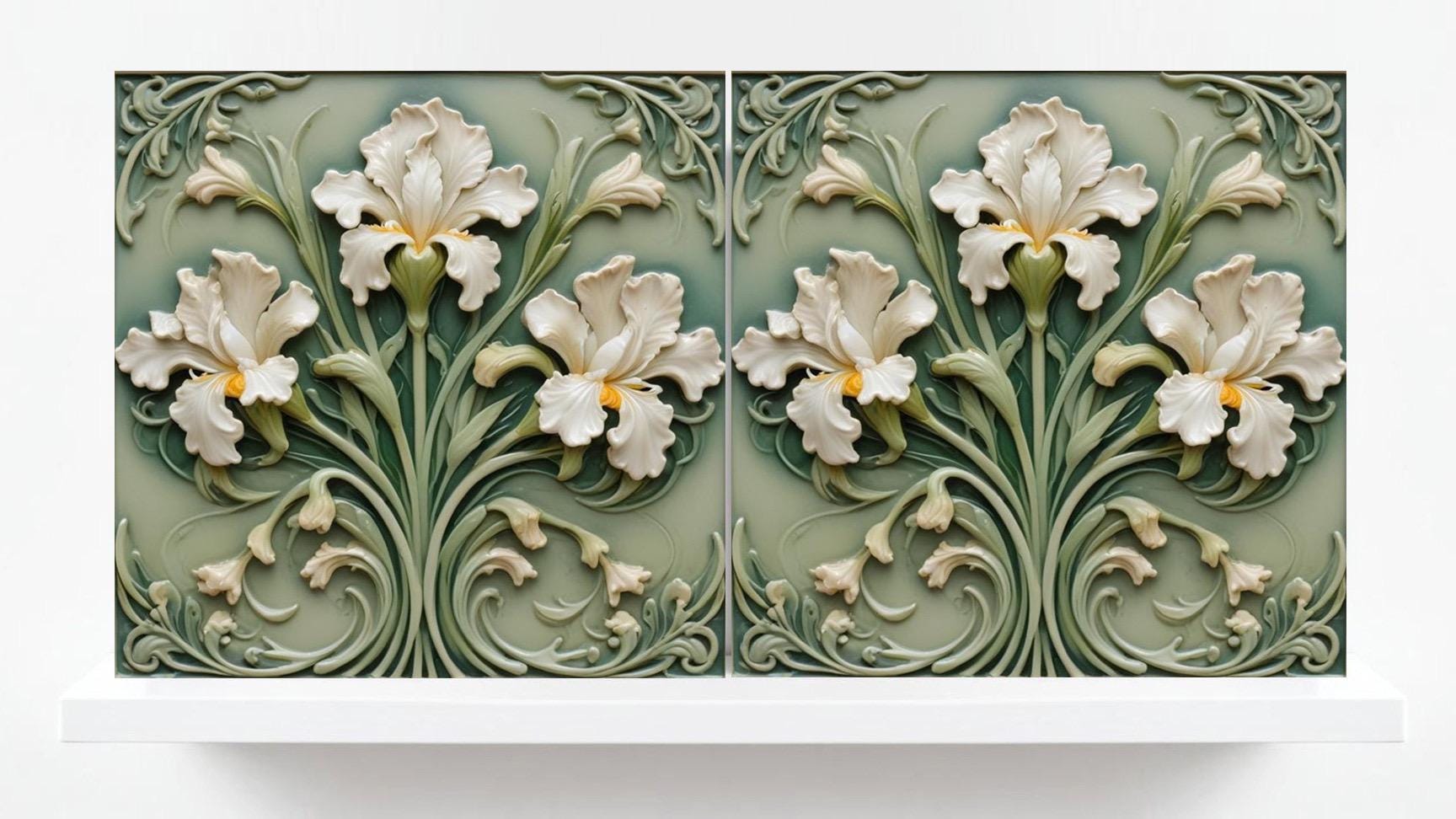 Art Nouveau Flower Ceramic tiles - Set of 2 Art Nouveau Irises Wall Decor Tiles - Iris Print, Kitchen Backsplash Tiles,Bathroom Shower Decor