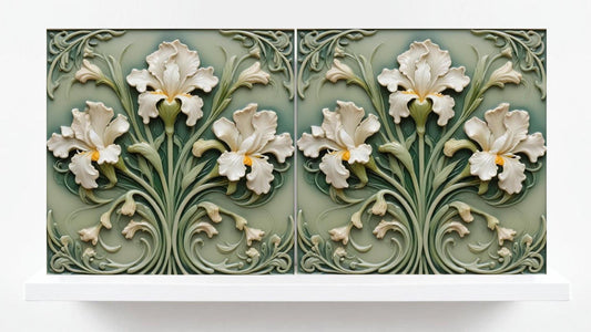 Art Nouveau Flower Ceramic tiles - Set of 2 Art Nouveau Irises Wall Decor Tiles - Iris Print, Kitchen Backsplash Tiles,Bathroom Shower Decor