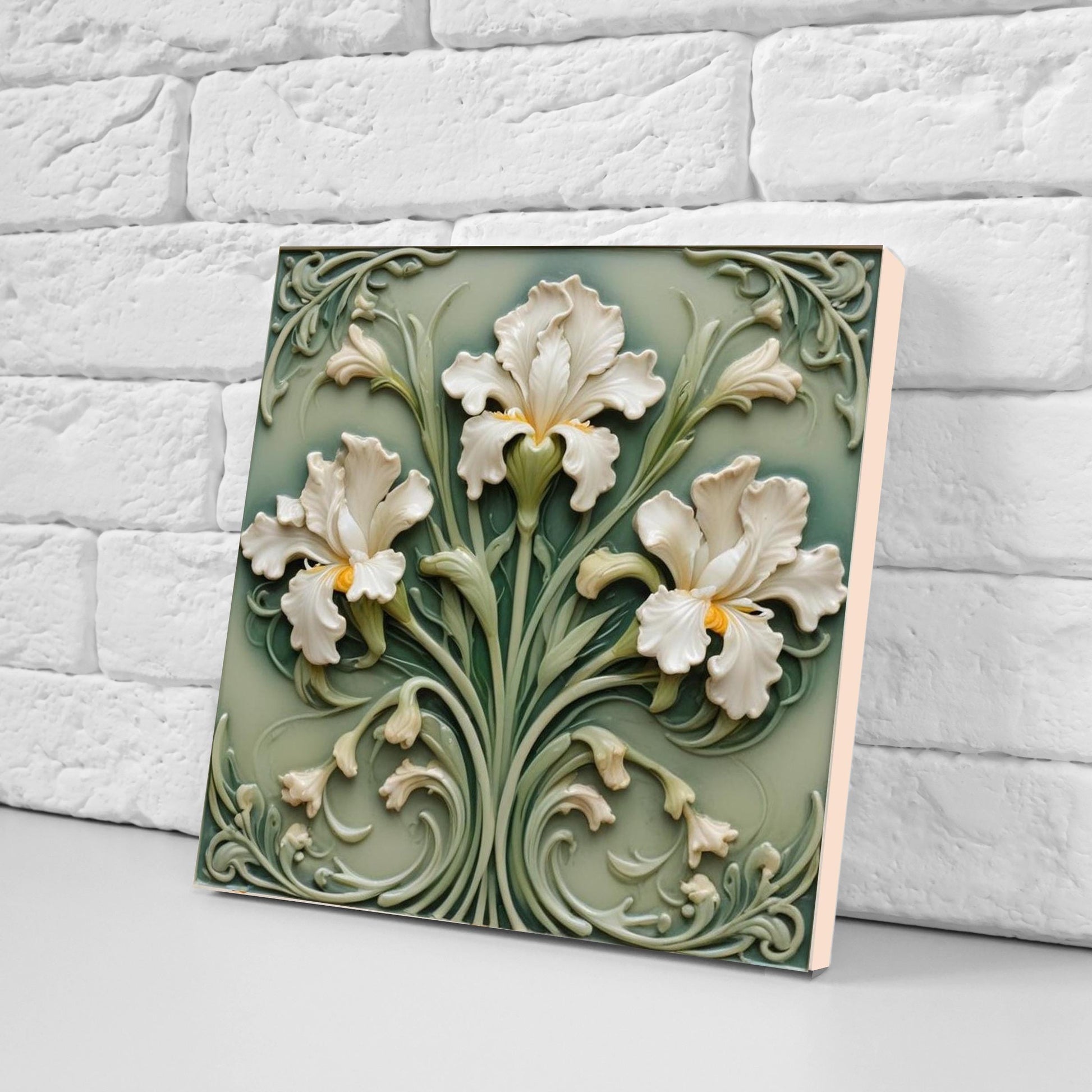 Art Nouveau Flower Ceramic tiles - Set of 2 Art Nouveau Irises Wall Decor Tiles - Iris Print, Kitchen Backsplash Tiles,Bathroom Shower Decor