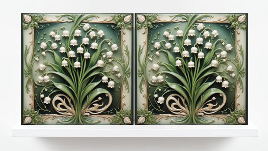 Art Nouveau Flower Ceramic Tiles - Set of 2 Art Nouveau Wall Decor Tiles - Kitchen Backsplash Tiles, Table Decorative Tiles, Bathroom Tiles