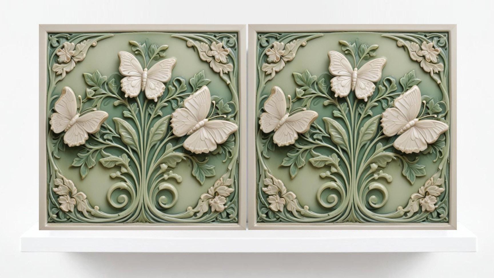 Butterfly Tile - Set of 2 Green Art Nouveau Tiles Wall Decor print -Kitchen Backsplash, Home Decor,Bathroom,Shower,Sink Splashback,Fireplace