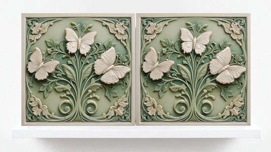 Butterfly Tile - Set of 2 Green Art Nouveau Tiles Wall Decor print -Kitchen Backsplash, Home Decor,Bathroom,Shower,Sink Splashback,Fireplace