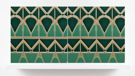 Art Deco Ceramic Tiles Green- Set of 2 Art Deco Wall Decor Geometric Tiles - Kitchen Backsplash Tiles,Table Decorative Tiles, Bathroom Tiles