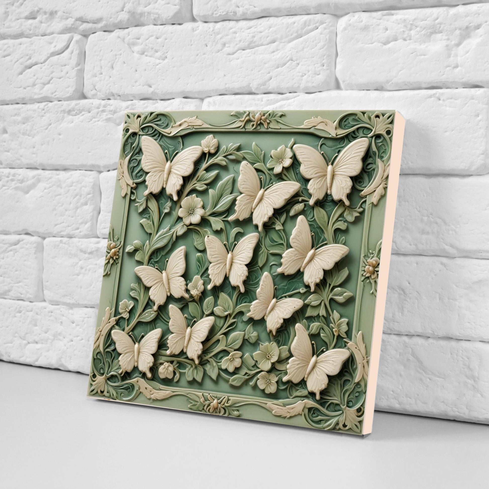 Butterfly Tile - Set of 2 Green Art Nouveau Tiles Wall Decor print -Kitchen Backsplash, Home Decor,Bathroom,Shower,Sink Splashback,Fireplace
