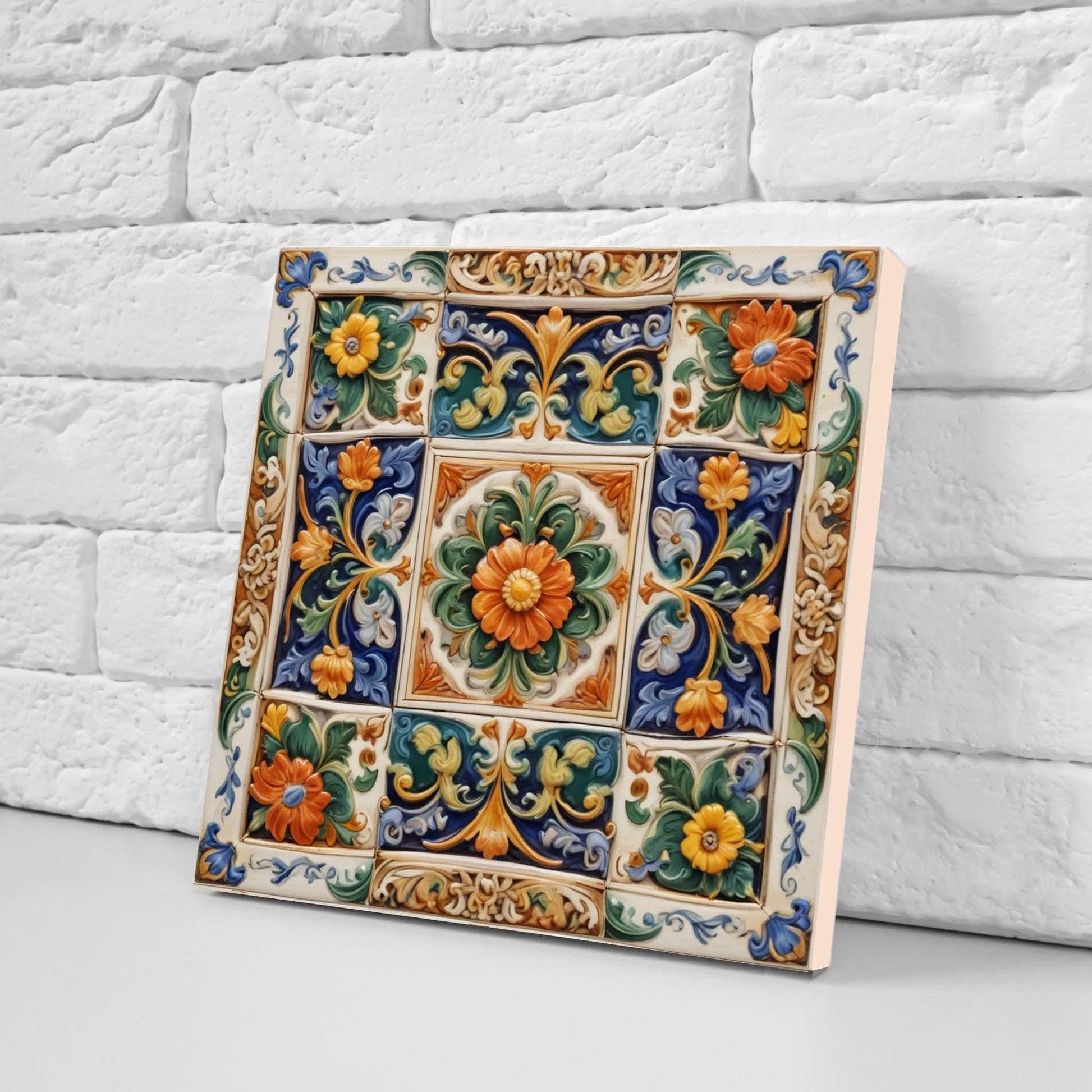 Italian Majolica Tiles - Set of 2 Sicilian Wall Decor Tile - Kitchen Backsplash, Sink Splashback,Bathroom,Shower Wall Art,Fireplace,Coaster