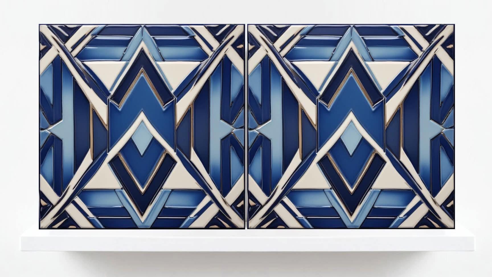 Art Deco Ceramic tiles Blue - Set of 2 Art Deco Wall Decor Geometric Tiles - Kitchen Backsplash , Bathroom, Sink Splashback, Accent Wall Art