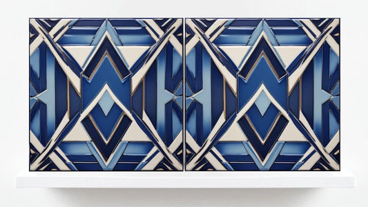Art Deco Ceramic tiles Blue - Set of 2 Art Deco Wall Decor Geometric Tiles - Kitchen Backsplash , Bathroom, Sink Splashback, Accent Wall Art