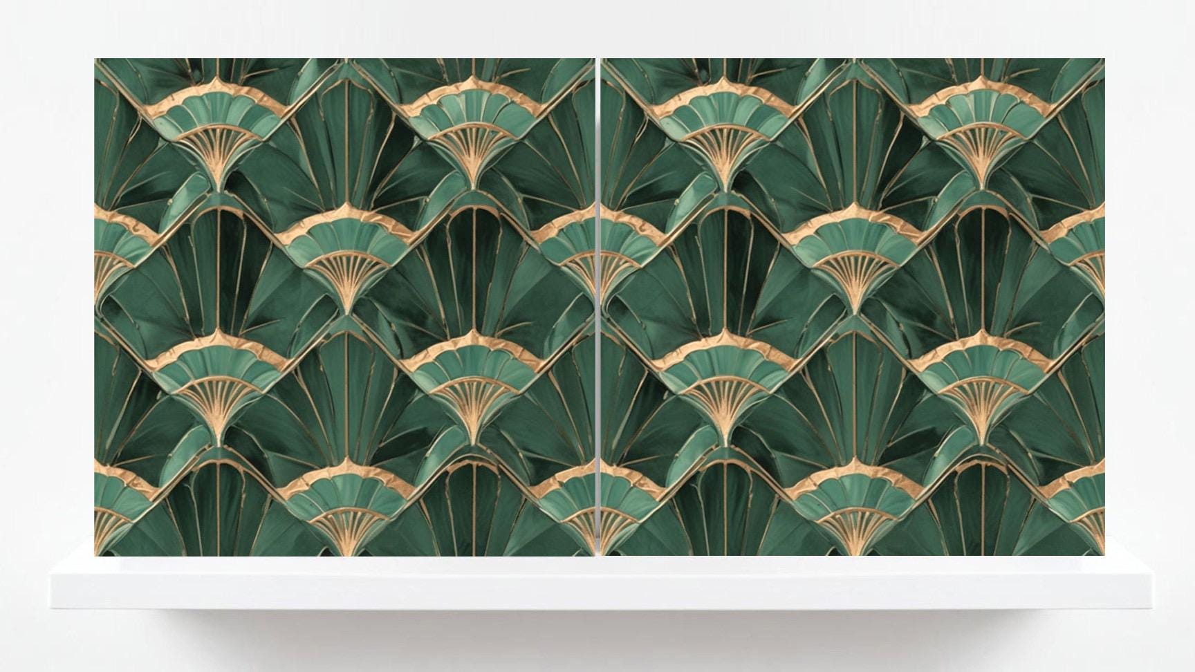 Art Deco Ceramic Tiles Green- Set of 2 Art Deco Wall Decor Geometric Tiles - Kitchen Backsplash Tiles,Table Decorative Tiles, Bathroom Tiles
