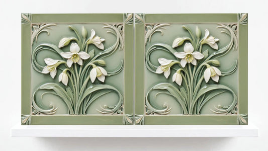 Snowdrop Tile Botanical Print Flower Ceramic Tiles -Set of 2 Green Art Nouveau Wall Decor-Kitchen Backsplash Tiles,Bathroom,Shower Wall,Sink