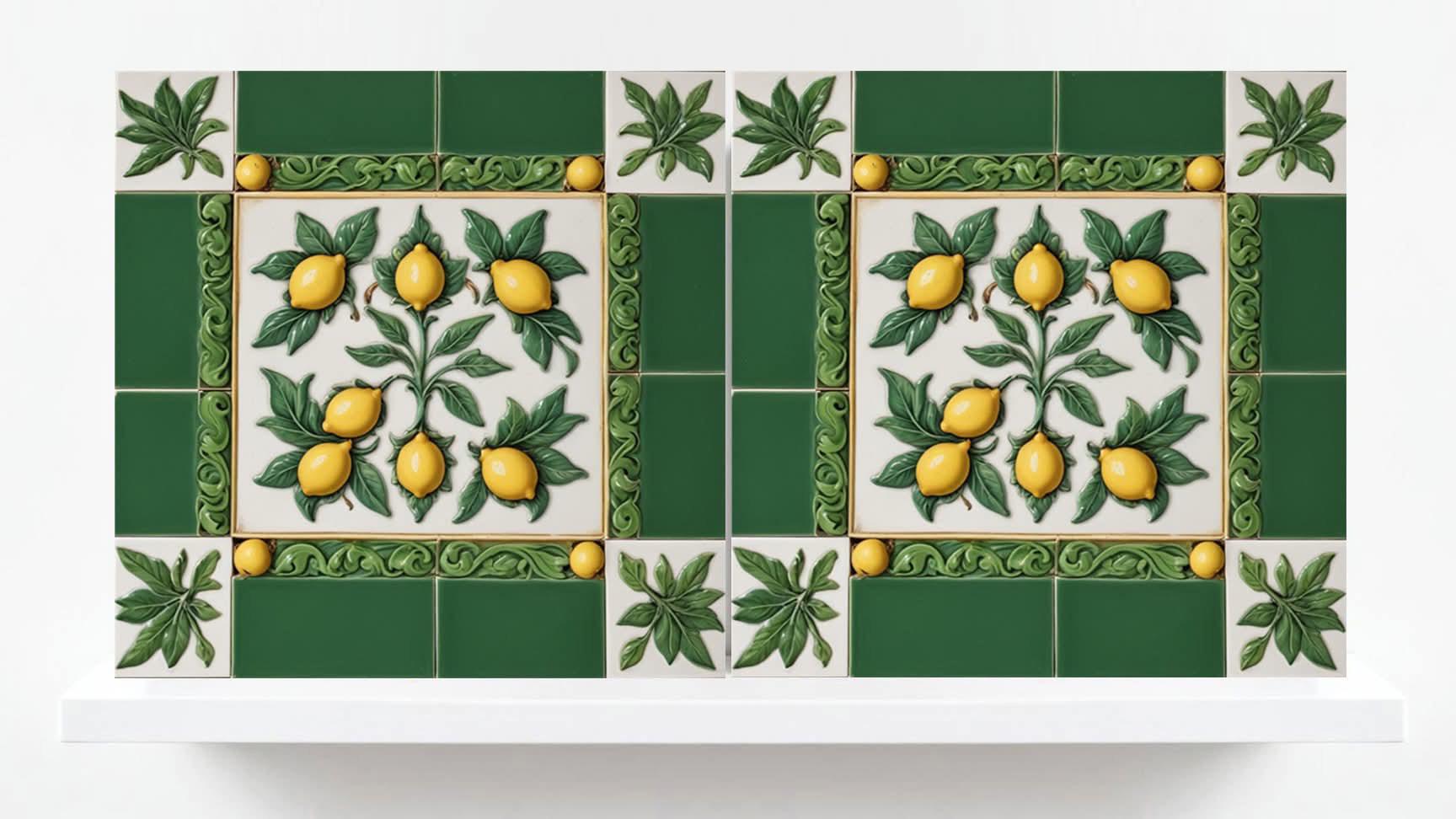 Italian Majolica Lemon Tiles - Set of 2 Mediterranean Wall Decor Tiles -Kitchen Backsplash,Bathroom,Shower Wall,Fireplace, Sink Splashback