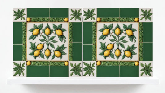 Italian Majolica Lemon Tiles - Set of 2 Mediterranean Wall Decor Tiles -Kitchen Backsplash,Bathroom,Shower Wall,Fireplace, Sink Splashback