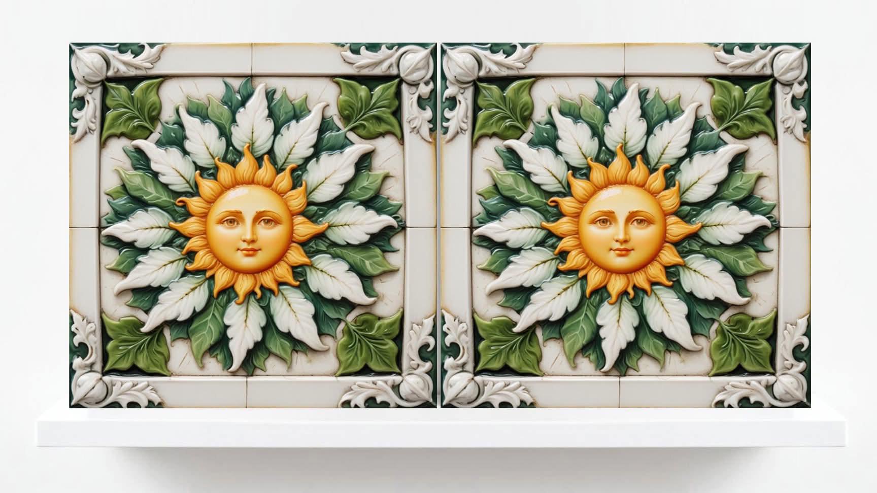 Sun Tile - Italian Majolica Sun Tiles Set of 2 Wall Decor Tiles -Kitchen Backsplash Tiles, Sink Splashback,Bathroom, Shower Wall Art,Coaster