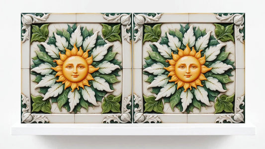 Sun Tile - Italian Majolica Sun Tiles Set of 2 Wall Decor Tiles -Kitchen Backsplash Tiles, Sink Splashback,Bathroom, Shower Wall Art,Coaster
