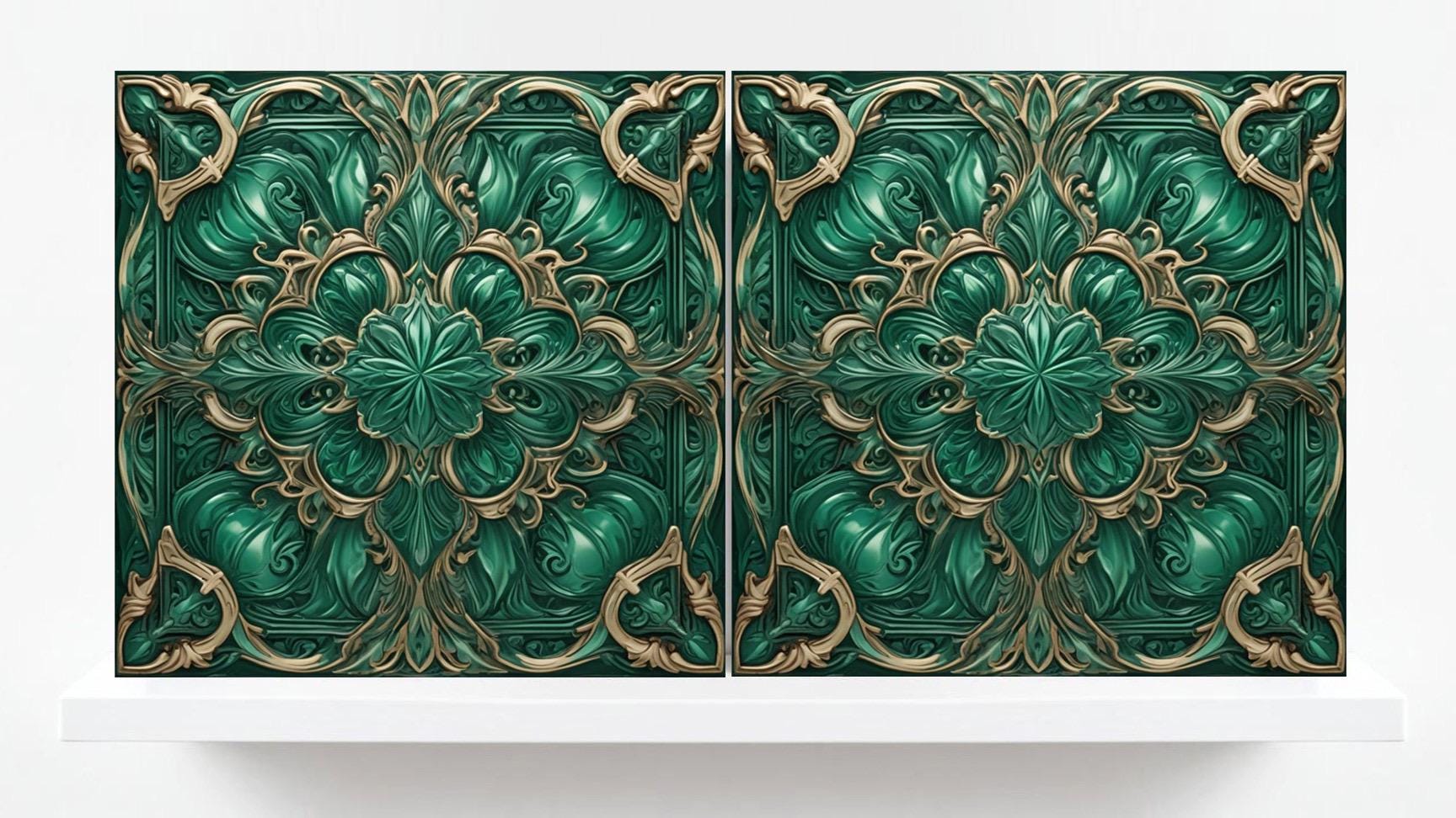 Art Deco Ceramic Tiles Green-Set of 2 Art Deco Wall Decor Geometric Tiles-Kitchen Backsplash,Sink Splashback,Bathroom, Shower Wall,Fireplace