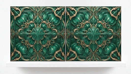 Art Deco Ceramic Tiles Green-Set of 2 Art Deco Wall Decor Geometric Tiles-Kitchen Backsplash,Sink Splashback,Bathroom, Shower Wall,Fireplace